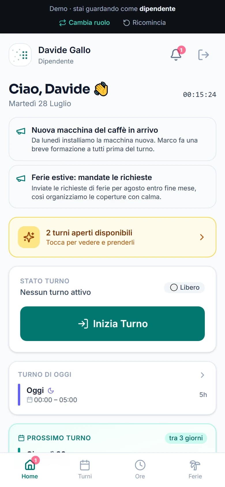 App timbrature: la schermata del dipendente che deve timbrare
